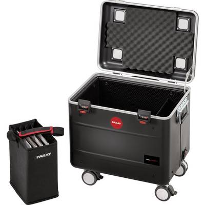 Open black wheeled transport case with a removable insert for tablets. The case has foam lining and is designed for secure transportation.