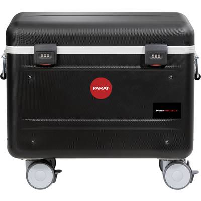 A black hard-shell suitcase with four wheels and combination locks, featuring the red 'Parat' logo at the front. Perfect for secure transportation.