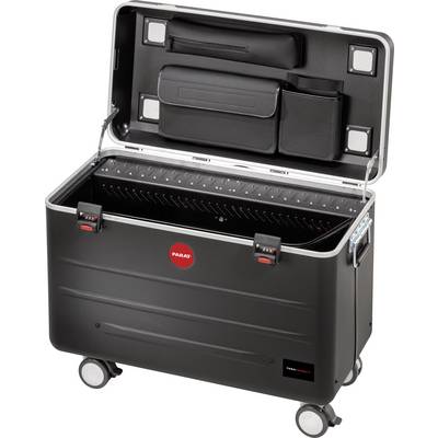 A large black tool case with an open lid, containing compartments and pockets for storing tools and accessories.