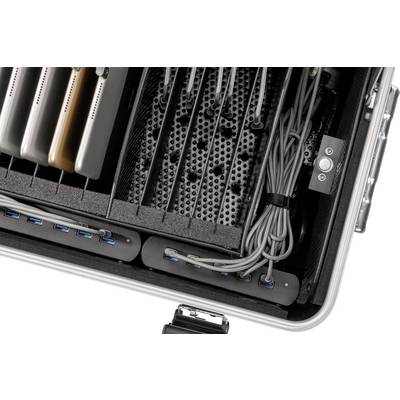 'Opened suitcase with multiple laptops, cables and USB ports, for organising and charging devices.'