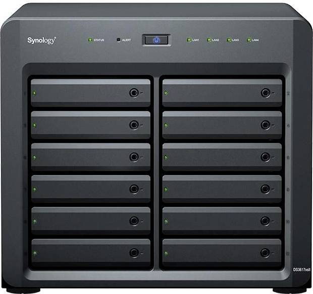 A black NAS device with twelve bays, LED indicators for status and network activity on top. Brand name visible.