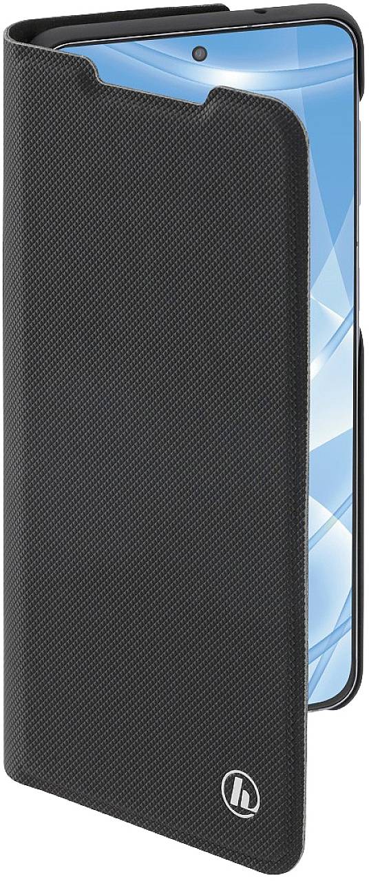 Mobile phone with a black protective case, partially open. A blue screen is visible.