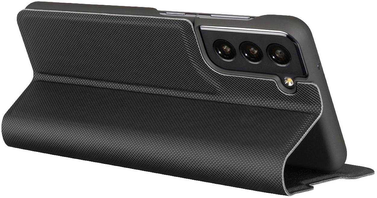 A smartphone in a black protective case with three camera lenses on the back, positioned at a slight angle.