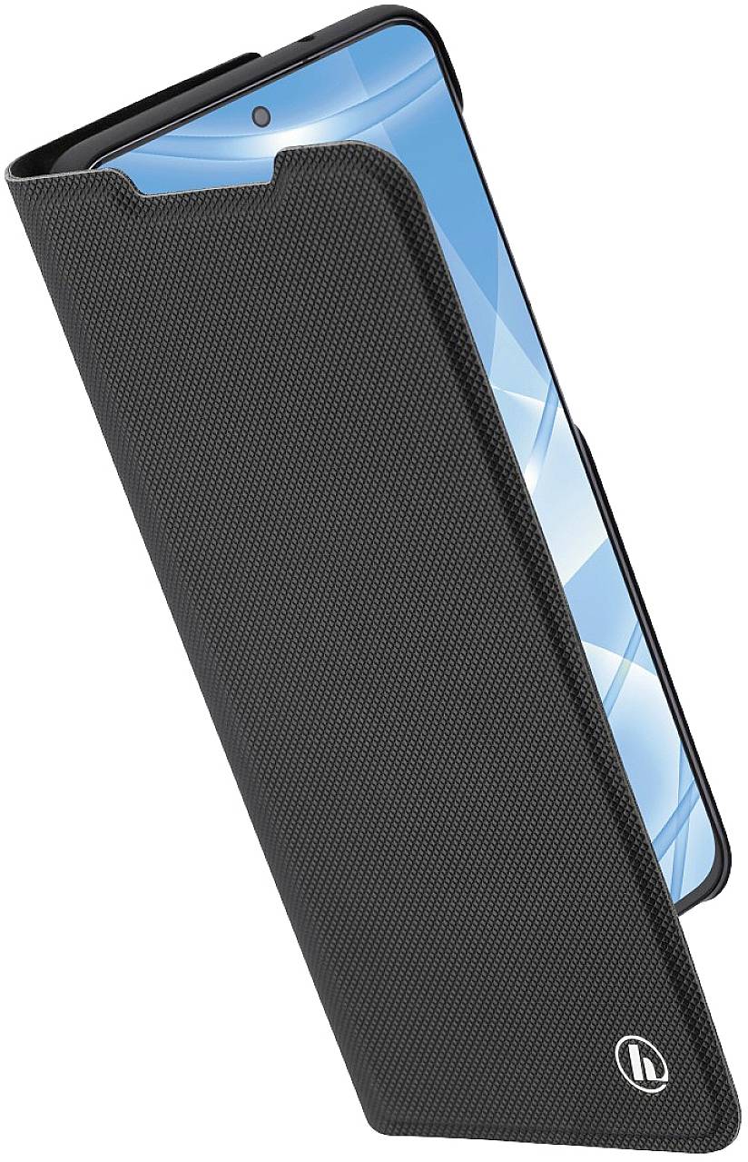 Black smartphone in a complementary, structured case that is partially open, revealing the display.