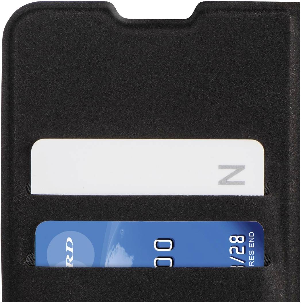 A black card holder contains two cards; the top one is white with an unknown design, the bottom one is a blue credit card.