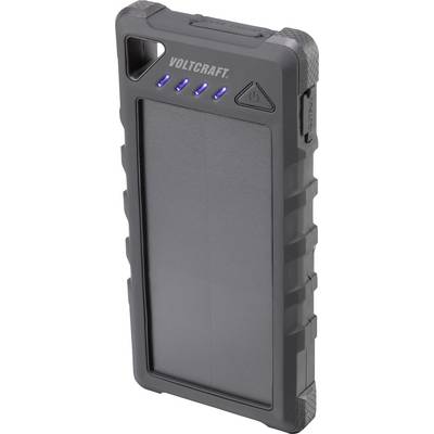 Black portable charger with four blue LED indicators and a power button on the front.