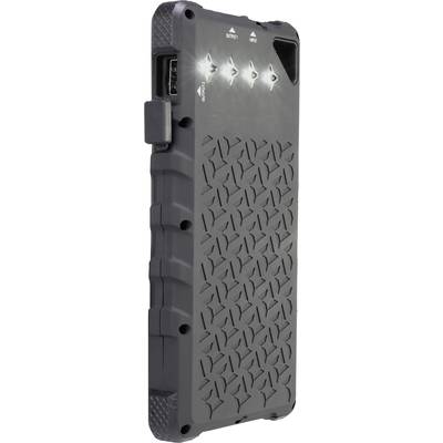 A robust, black and grey device with illuminating LED lights on the top surface. Side view reveals a thick, structured casing.