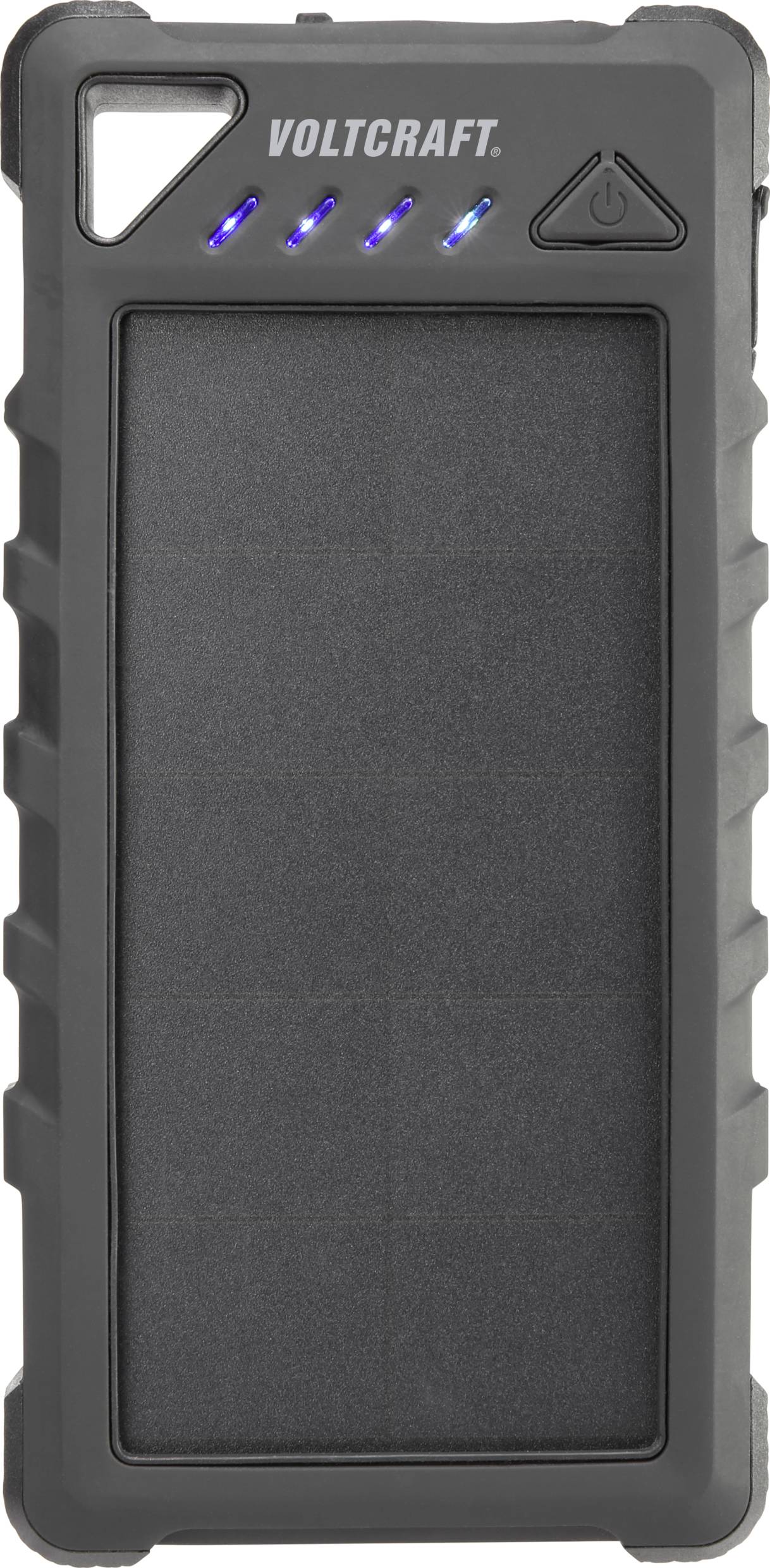 Portable charger in a robust casing, with blue LED indicator and power on/off button, brand name visible at the top.