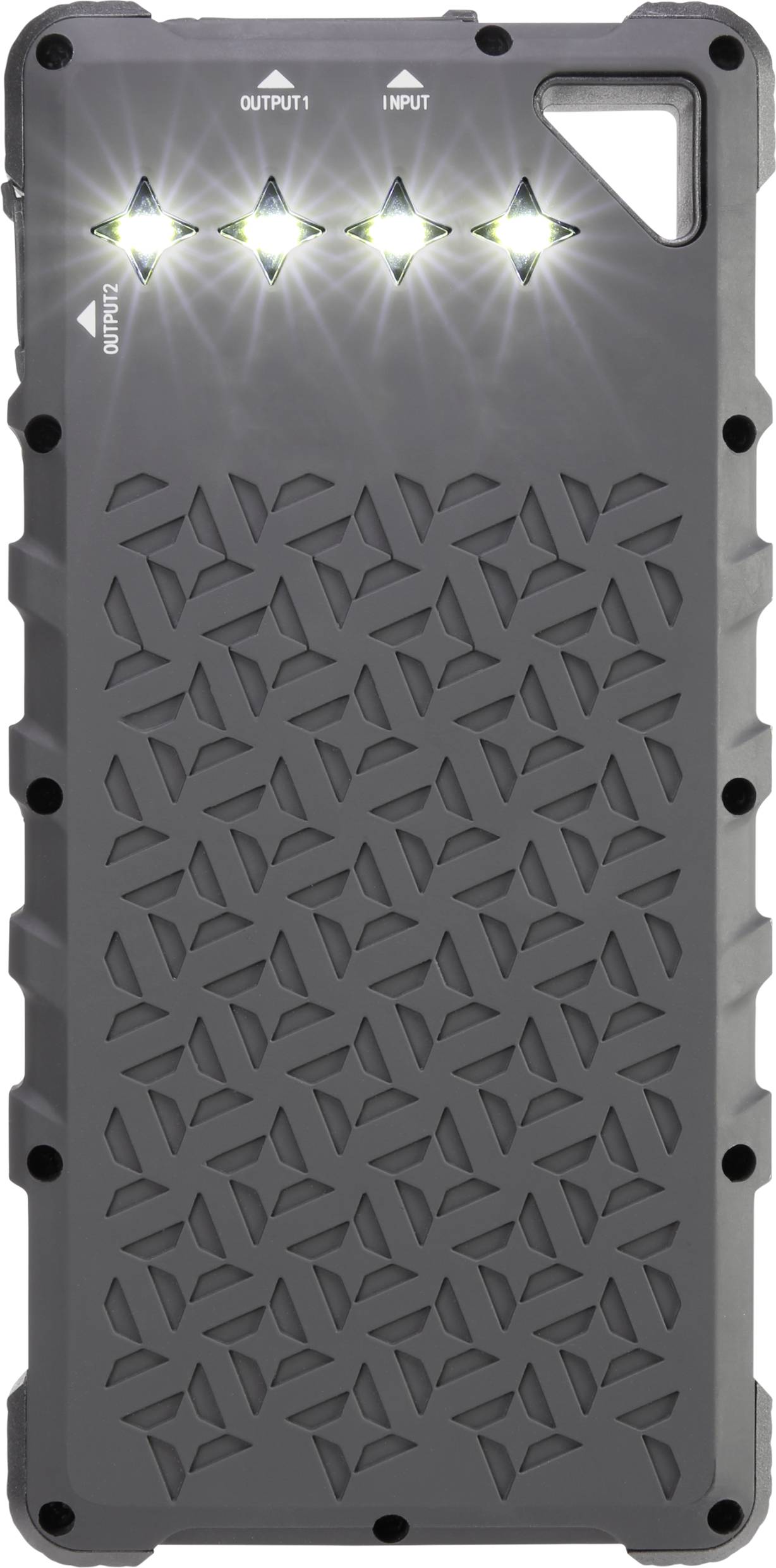 Grey electronic device with a textured surface, showing four illuminated LED lights and markings for 'Output' and 'Input'.