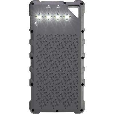 Grey electronic device with a textured surface, showing four illuminated LED lights and markings for 'Output' and 'Input'.