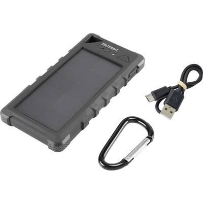 'Voltxart' Solar Power Bank with Carabiner and USB Cable. Rectangular, robust design in Black, perfect for Outdoor Activities.