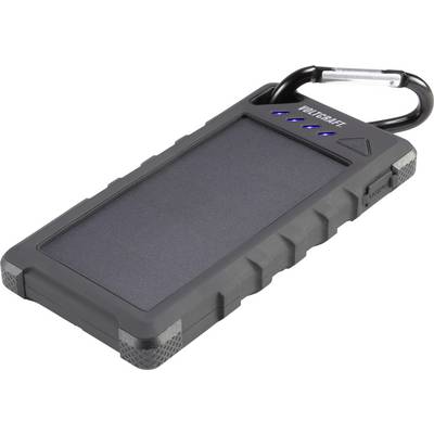 A robust, portable solar charger with a carabiner hook and LED display on the top surface, perfect for outdoor activities.