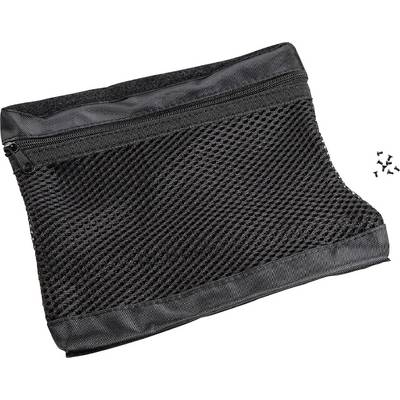 Black mesh bag with zip, several small screws beside it. Ideal for storing small items.