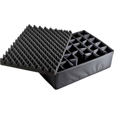 Black storage container with a removable, padded foam cover and 24 compartments for secure storage of items.