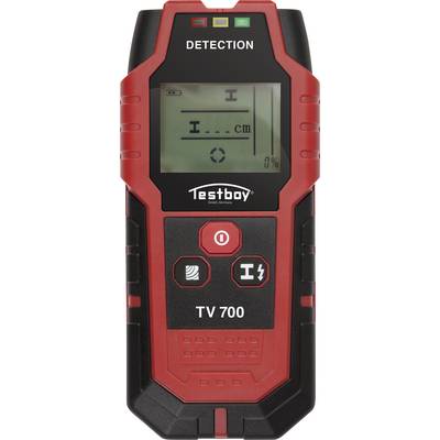 A red electronic measuring device, displaying 'DETECTION' on the screen. It has buttons for adjusting and indicating centimetre values.