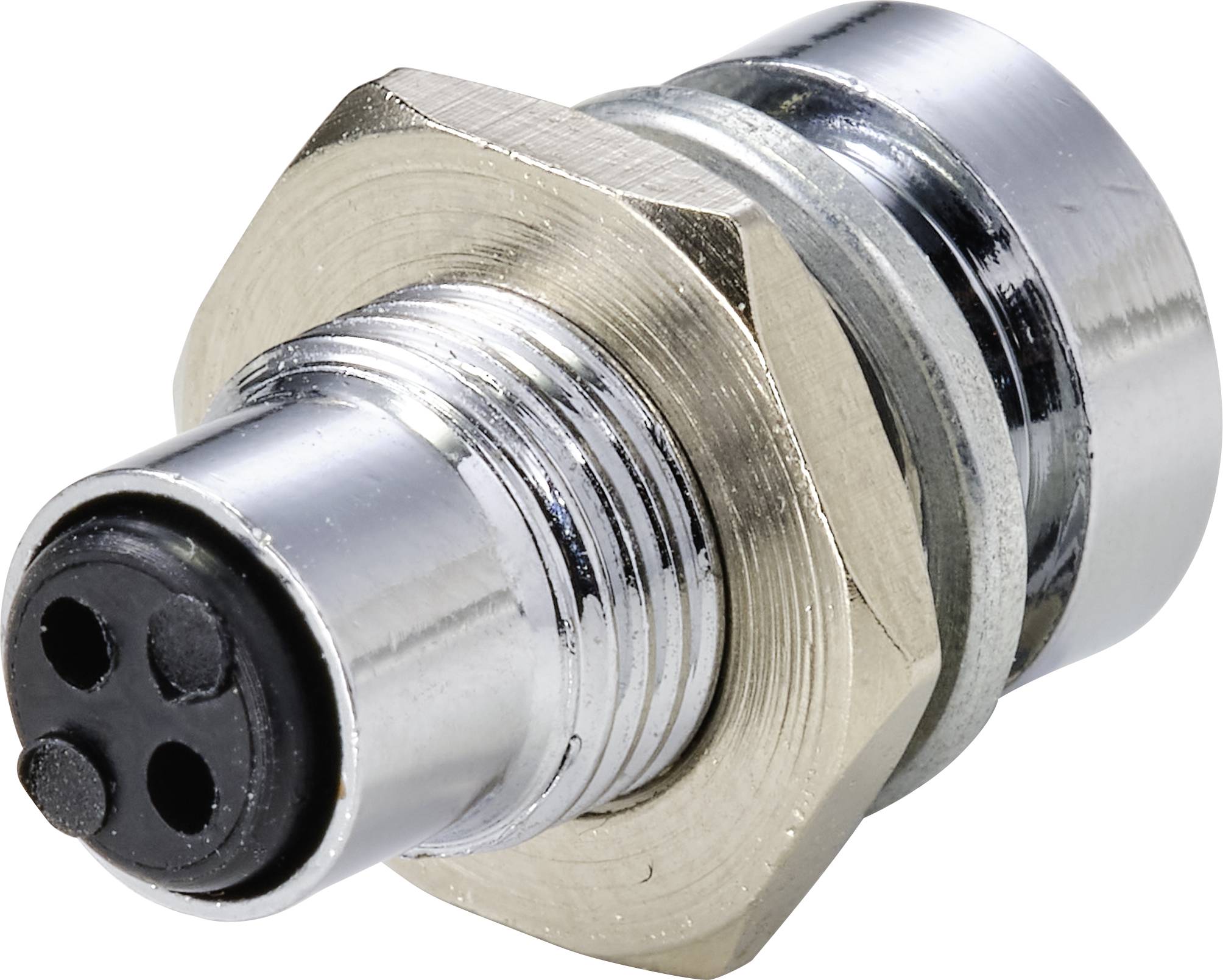 A chrome-plated connector with a circular housing and four contact points, suitable for electronic connections in technical applications.