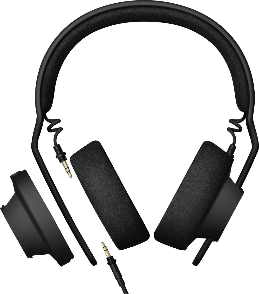 Black headphones with detached ear cups lying on a white background with an audio cable.