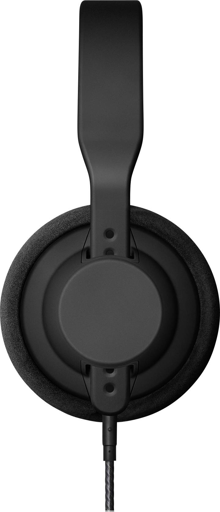 Black over-ear wired headphones. Side view shows padded ear cup and adjustable headband. Suitable for music enjoyment.