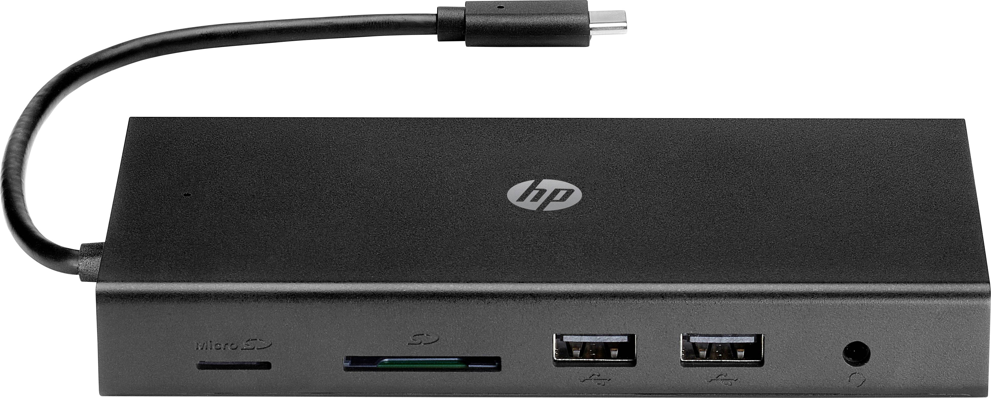 Black docking station with HP logo, card reader on the left, two USB ports on the right, USB-C cable on top.