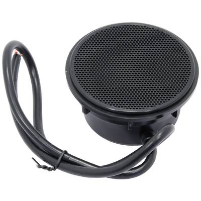 A round speaker with a black grille and cable.