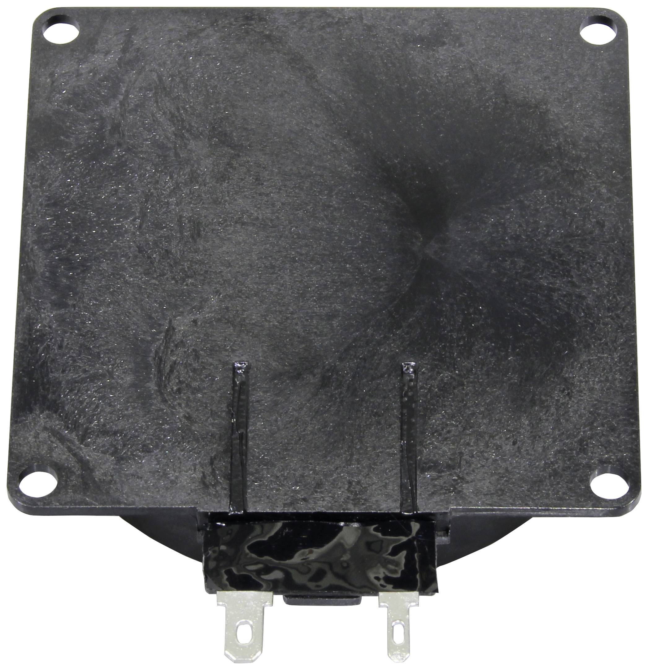 Black, square electrical resistor with two connecting pins at the bottom.