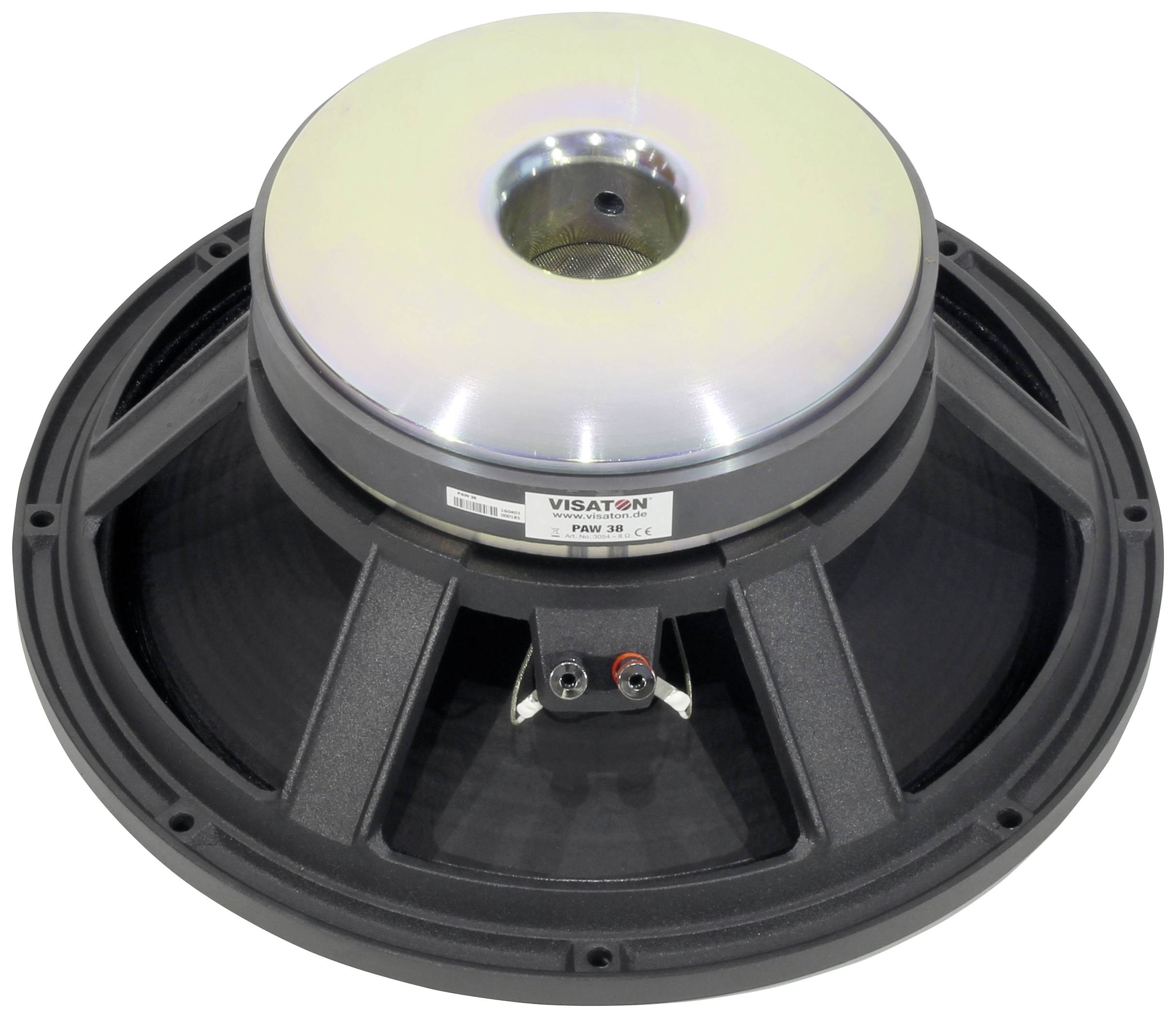 Speaker with large metal magnet and black enclosure, side view. Brand name visible: 'VISATON'.