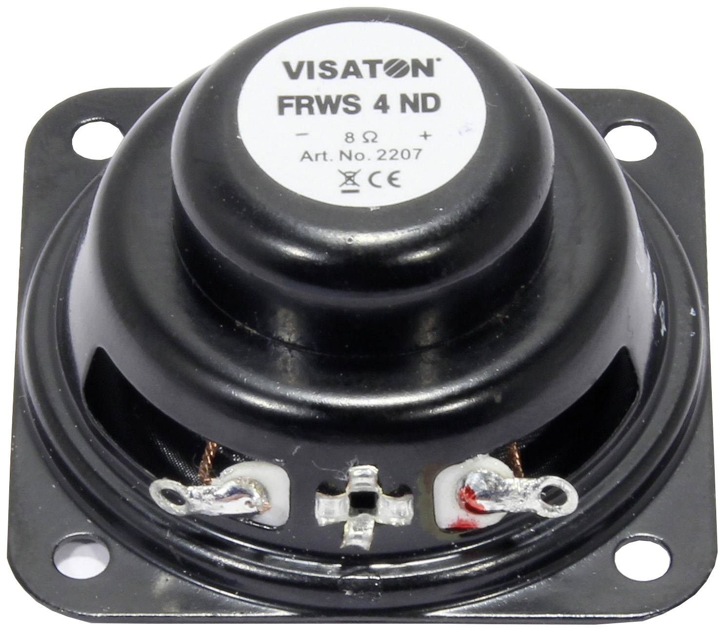 A black VISATON FRWS 4 ND loudspeaker with 8 ohm impedance, article number 2207, is lying on a white surface.