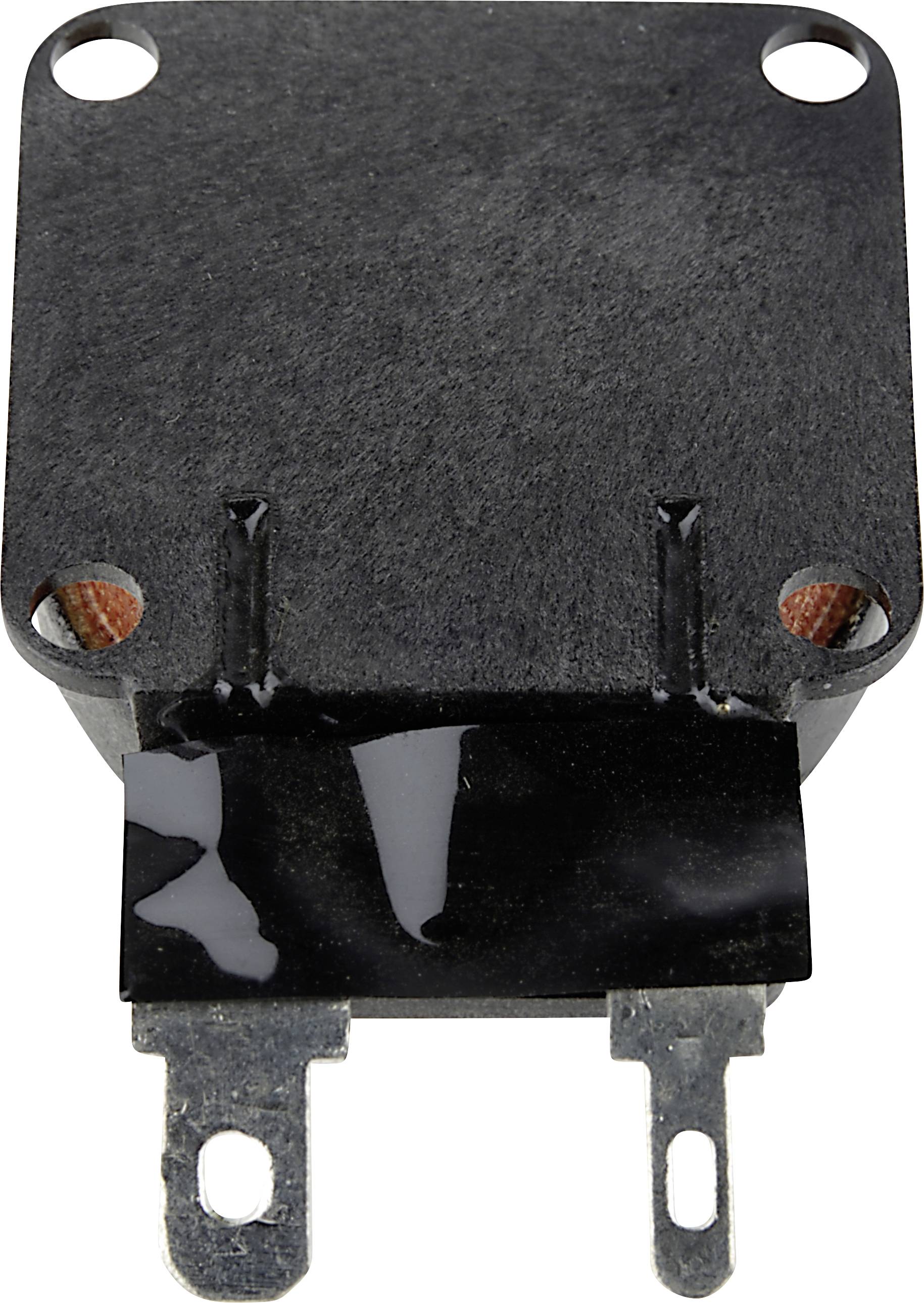 A black electric relay with two metallic terminals at the underside, mountable through four holes at the corners.
