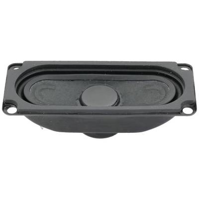 A rectangular speaker with an oval membrane and central dust protection, built into a black enclosure with four mounting holes.
