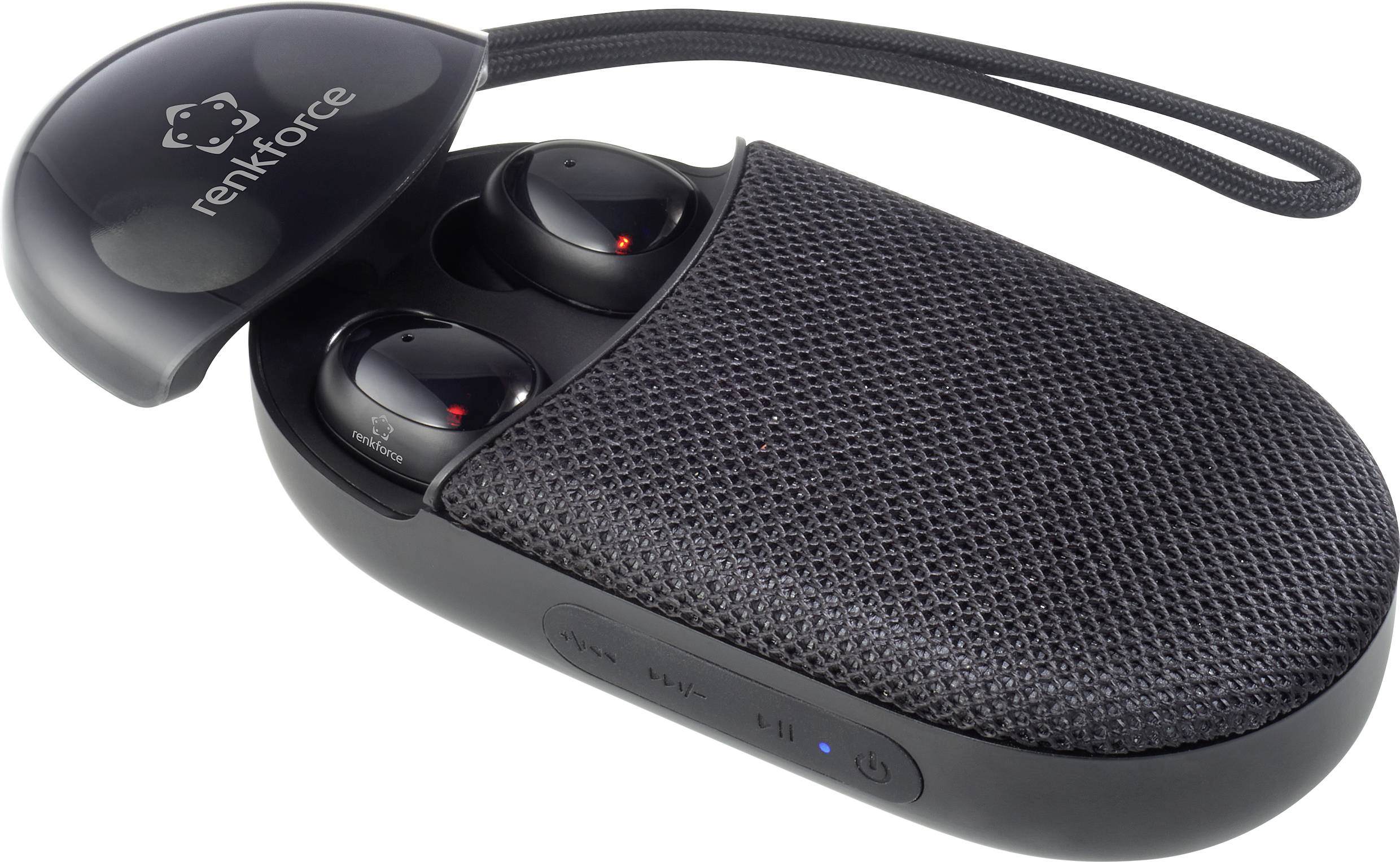 Wireless black earbuds in an open charging case with a carrying loop, with the brand logo positioned alongside.