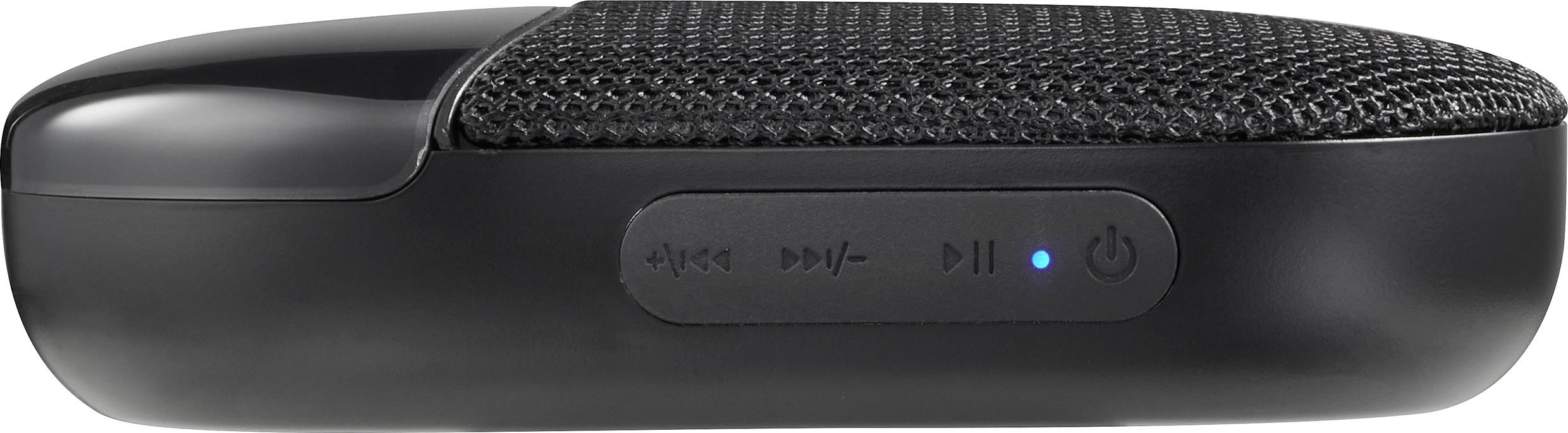 Black portable Bluetooth speaker with volume controls and power switch.