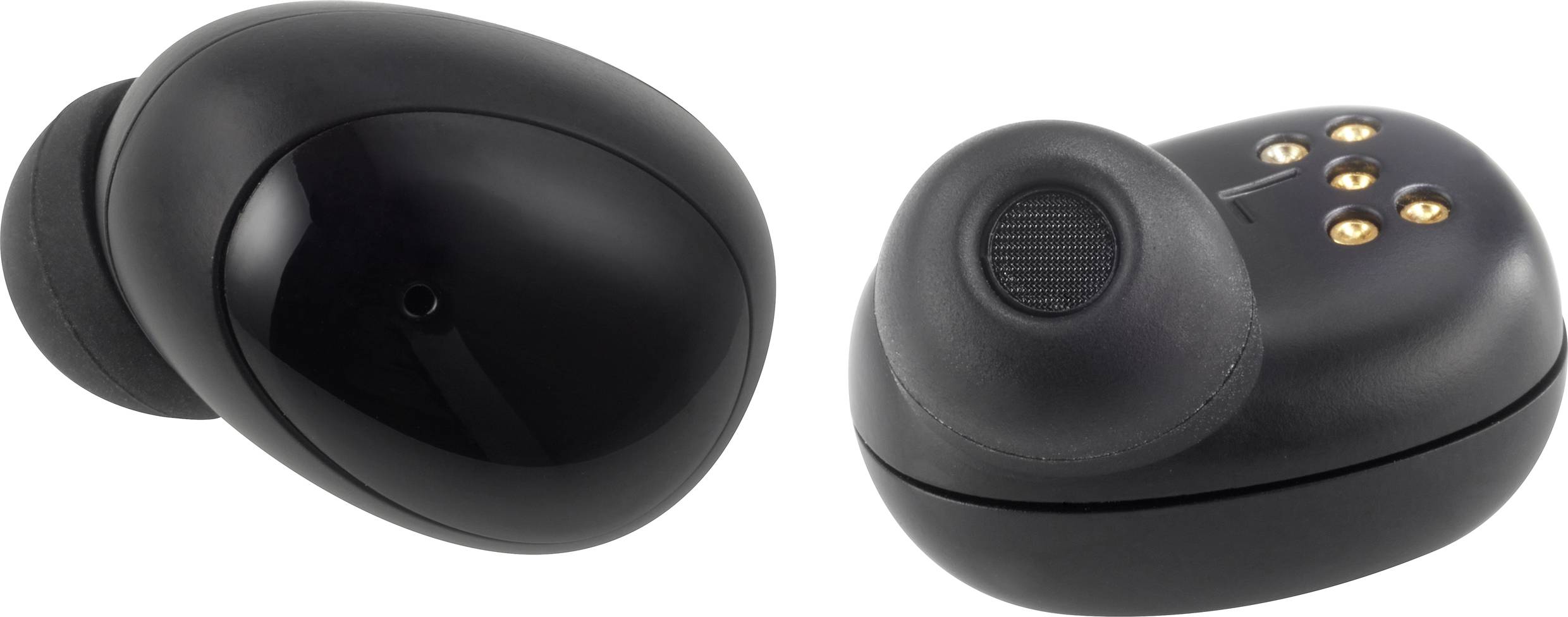 Two wireless, black earbuds, one showing the speaker side, the other displaying the charging contact points.