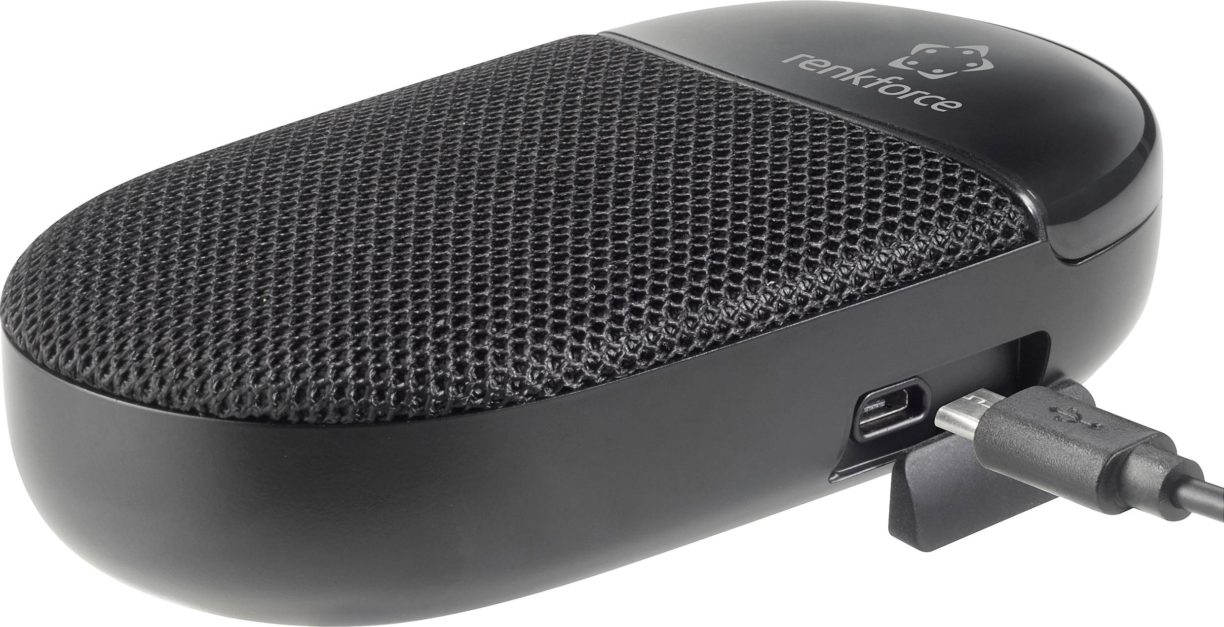 A black, oval Bluetooth speaker with a USB port is being charged. Brand name visible in the top right corner.