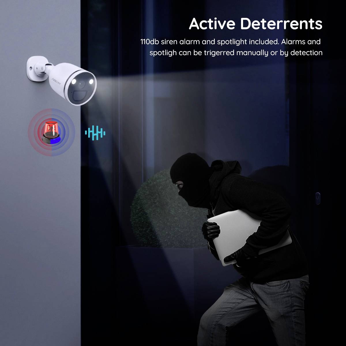 A security camera triggers an alarm and light function when a masked intruder approaches.