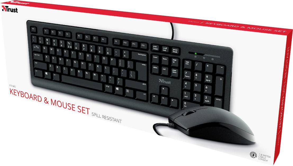 'Keyboard and Mouse Set' by Trust. Spill-resistant keyboard with wired optical mouse. Packaging in Red and White.