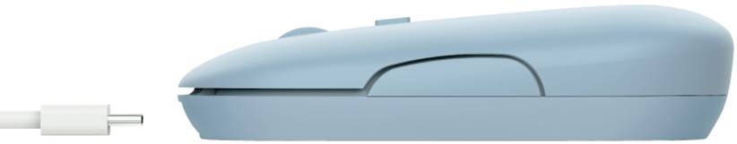 Blue wired computer mouse from the side view with a USB-C plug positioned next to it on the left.