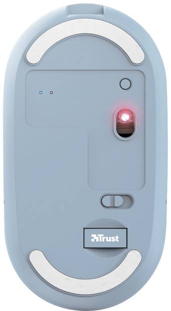 A blue computer mouse with an optical sensor, red light, and Trust logo on the underside. Two small buttons are visible.
