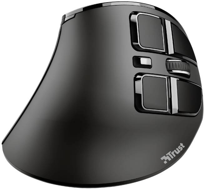 Black ergonomic mouse by Trust with multiple buttons and a scroll wheel for easy navigation and operation.