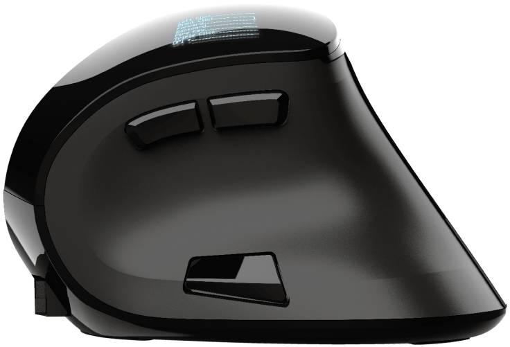 Black ergonomic computer mouse in vertical design with two thumb buttons, for comfortable hand positioning and reduced strain.