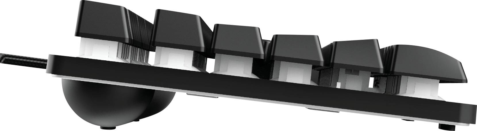 Side view of a mechanical keyboard showing the slightly angled arrangement of the keys.