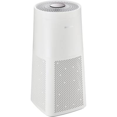 White air purifier with a cylindrical shape, ventilation at the top and side-perforated casing for air circulation.