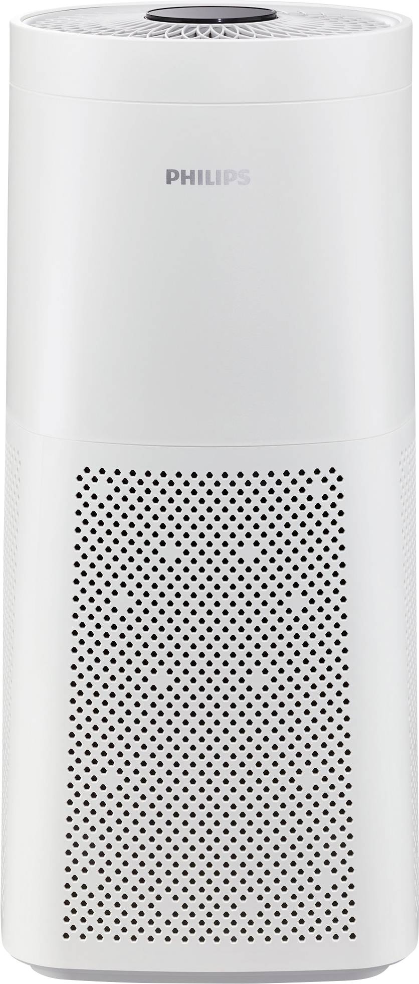 A white air purifier with a cylindrical shape and perforated surface, Philips brand, stands upright on a light surface.