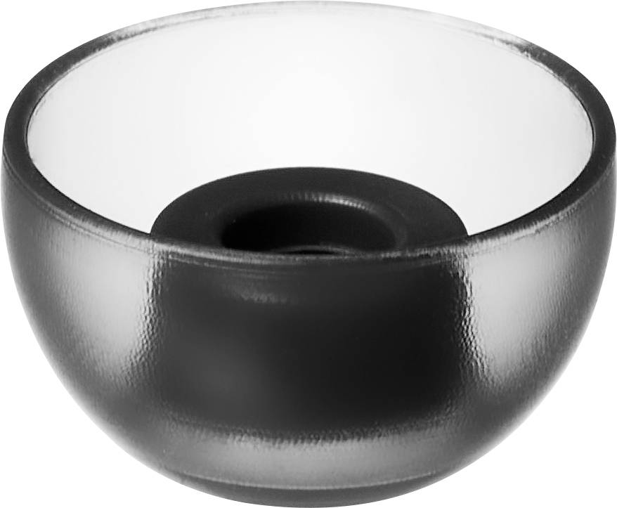 Black, hemispherical bowl with a wide rim. Matte surface, minimalist design, potentially a decorative object.