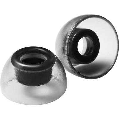 Two transparent rubber headphone ear tips on a white background. They are semi-spherical with a black inner ring.
