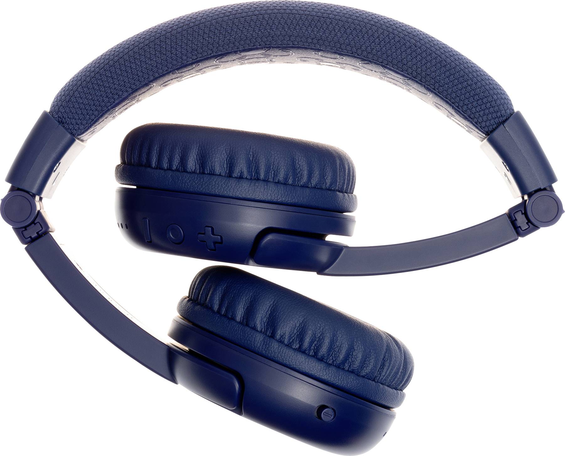 A folded blue wireless headphone with soft ear cushions and a padded headband, demonstrating a compact and portable design.