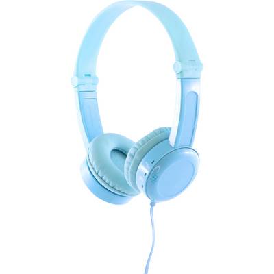 Sky blue, wired headphones with padded ear cups and an adjustable headband.