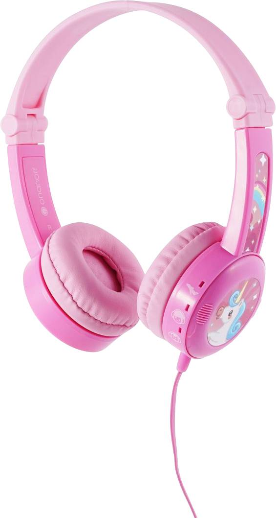 Pink children's headphones with a unicorn motif on the outer side of the ear cups. Adjustable headband and padded ear cushions.