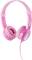 Pink children's headphones with a unicorn motif on the outer side of the ear cups. Adjustable headband and padded ear cushions.