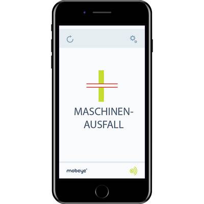 Mobile screen shows the word 'MACHINE FAILURE' with a yellow cross above it. An update symbol is located in the top left, with the 'mobeye' logo at the bottom.
