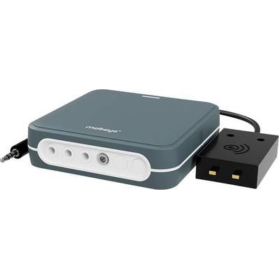 A compact, rectangular mobeye® sensor in dark green, equipped with multiple connections and a separate black module.